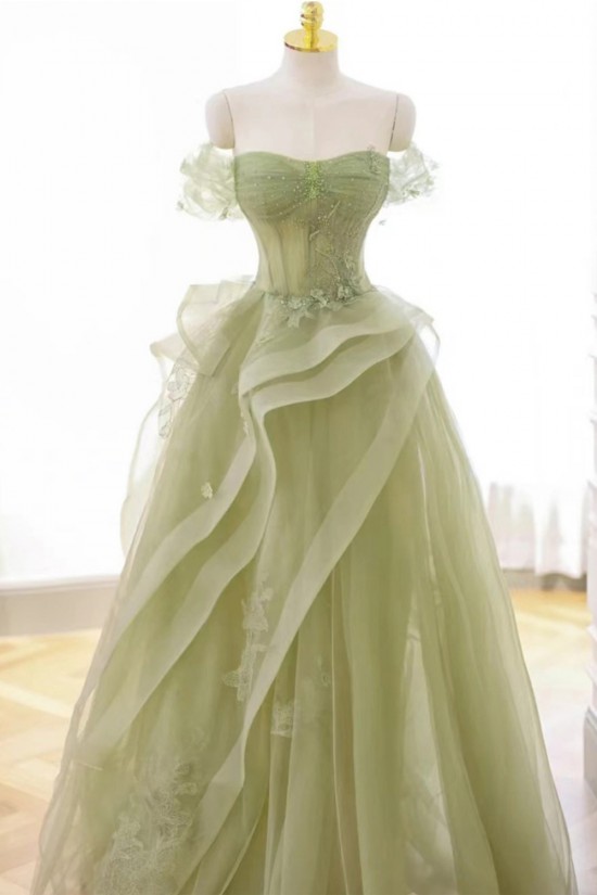 A-Line Strapless Long Off the Shoulder Sage Green Tulle Prom Dresses Formal Evening Party Dresses XP101003
