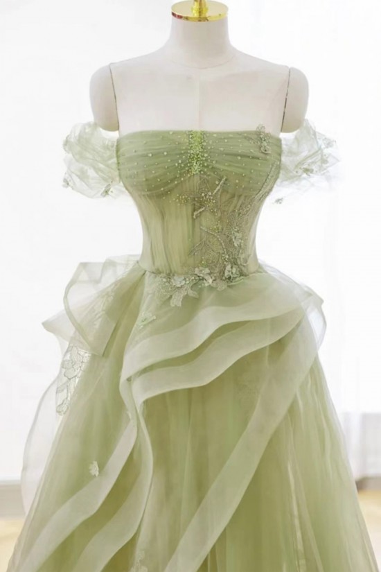 A-Line Strapless Long Off the Shoulder Sage Green Tulle Prom Dresses Formal Evening Party Dresses XP101003