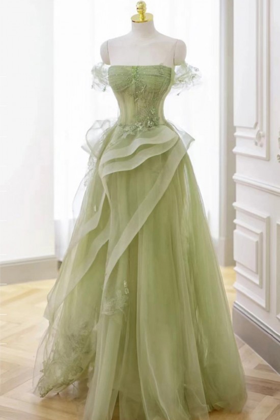A-Line Strapless Long Off the Shoulder Sage Green Tulle Prom Dresses Formal Evening Party Dresses XP101003