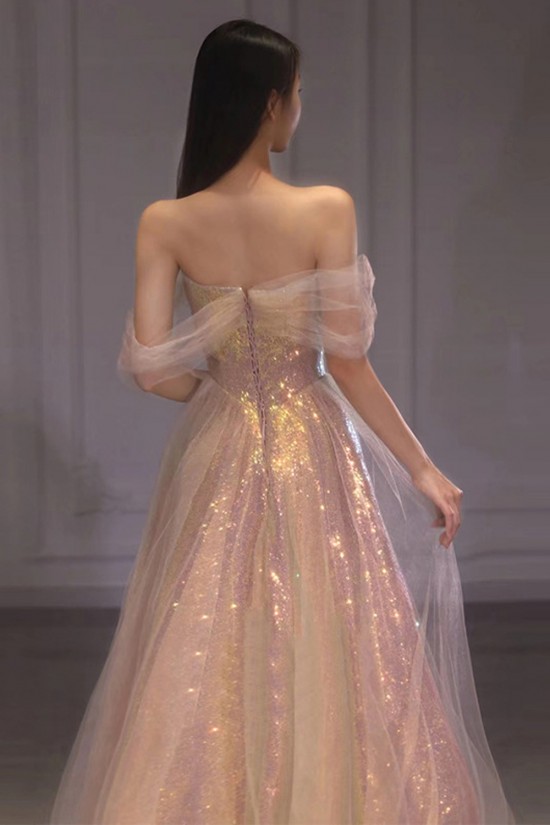A-Line Off the Shoulder Sequins Tulle Long Pink Prom Dresses Formal Evening Party Dresses XP101010