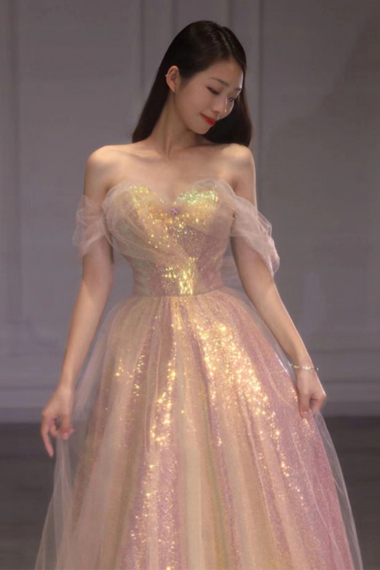 A-Line Off the Shoulder Sequins Tulle Long Pink Prom Dresses Formal Evening Party Dresses XP101010