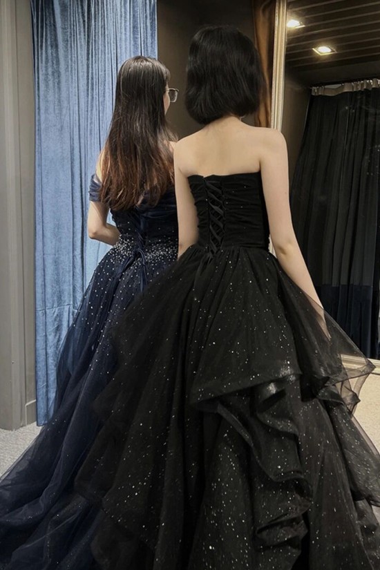 A-Line Long Black Sequins Tulle Prom Dresses Formal Evening Party Dresses XP101011