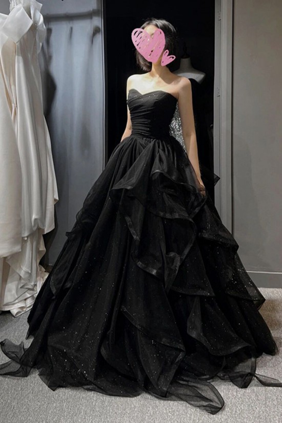 A-Line Long Black Sequins Tulle Prom Dresses Formal Evening Party Dresses XP101011