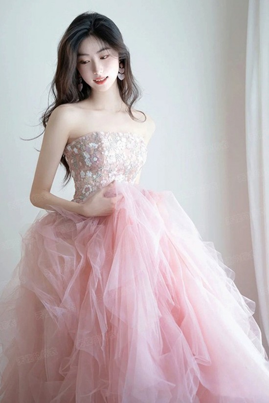 A-Line Strapless Long Pink Tulle and Lace Prom Dresses Formal Evening Party Dresses XP101012