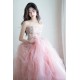 A-Line Strapless Long Pink Tulle and Lace Prom Dresses Formal Evening Party Dresses XP101012