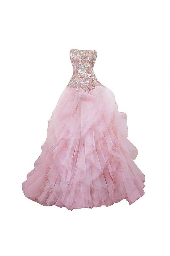 A-Line Strapless Long Pink Tulle and Lace Prom Dresses Formal Evening Party Dresses XP101012
