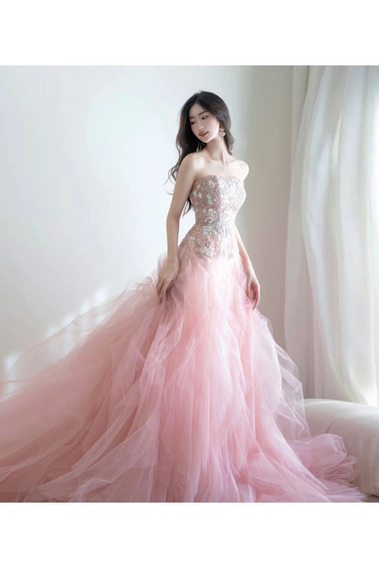 A-Line Strapless Long Pink Tulle and Lace Prom Dresses Formal Evening Party Dresses XP101012