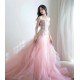 A-Line Strapless Long Pink Tulle and Lace Prom Dresses Formal Evening Party Dresses XP101012