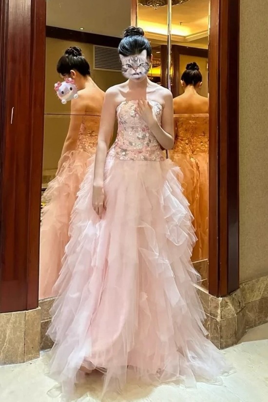A-Line Strapless Long Pink Tulle and Lace Prom Dresses Formal Evening Party Dresses XP101012