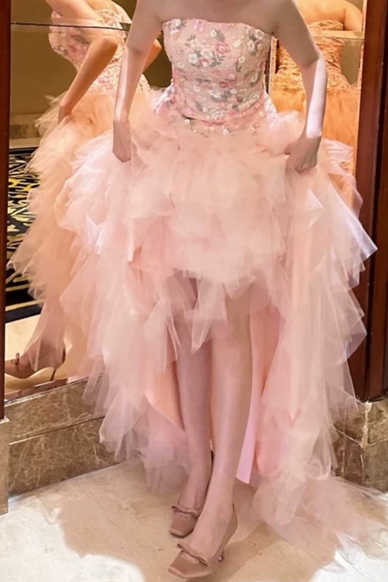 A-Line Strapless Long Pink Tulle and Lace Prom Dresses Formal Evening Party Dresses XP101012