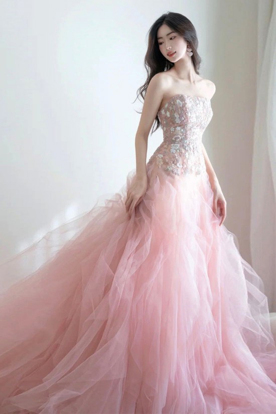 A-Line Strapless Long Pink Tulle and Lace Prom Dresses Formal Evening Party Dresses XP101012