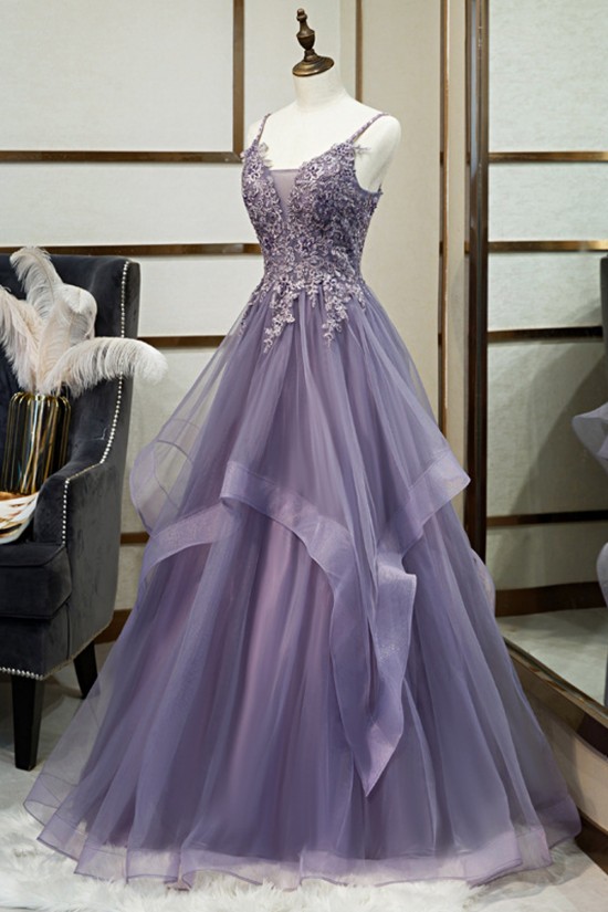 A-Line Lace and Tulle Spaghetti Straps Prom Dresses Formal Evening Party Dresses XP101015