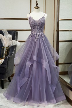 A-Line Lace and Tulle Spaghetti Straps Prom Dresses Formal Evening Party Dresses XP101015