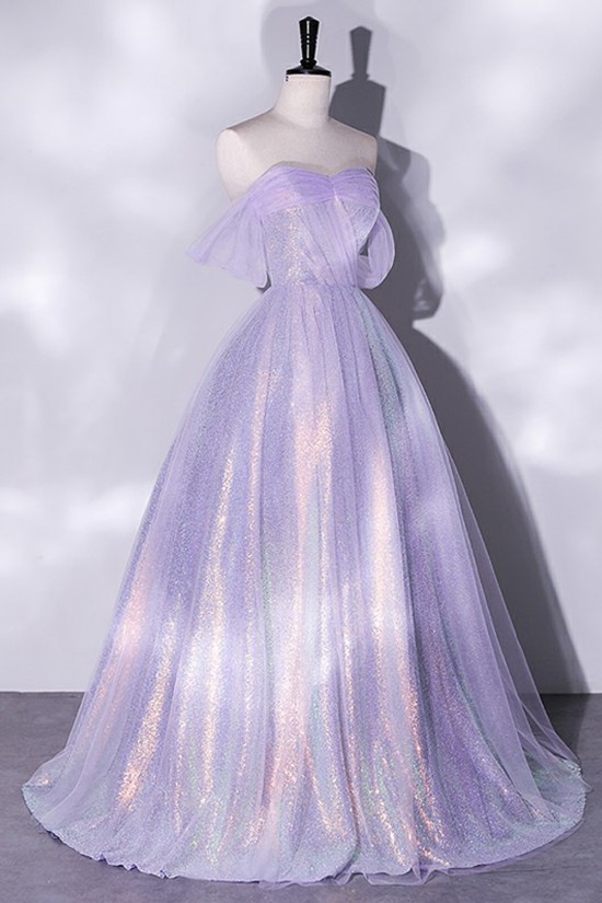 A-Line Sequins Tulle Off the Shoulder Long Prom Dresses Formal Evening Party Dresses XP101016