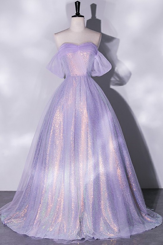 A-Line Sequins Tulle Off the Shoulder Long Prom Dresses Formal Evening Party Dresses XP101016