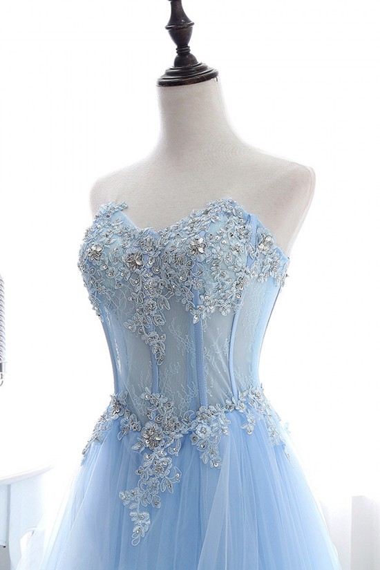 A-Line Lace and Tulle Blue Prom Dresses Formal Evening Party Dresses XP101018
