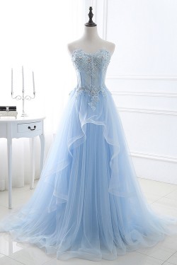 A-Line Lace and Tulle Blue Prom Dresses Formal Evening Party Dresses XP101018