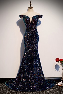 Mermaid Long Navy Sparkle Sequins Prom Dresses Formal Evening Party Dresses XP101020