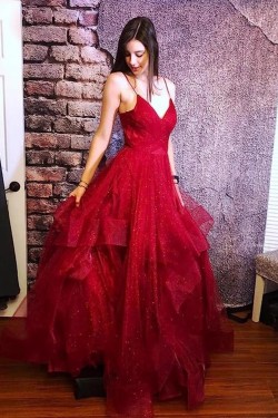 A-Line Spaghetti Straps Tulle Prom Dresses Formal Evening Party Dresses XP101025