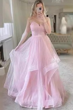 A-Line Spaghetti Straps Tulle Prom Dresses Formal Evening Party Dresses XP101025