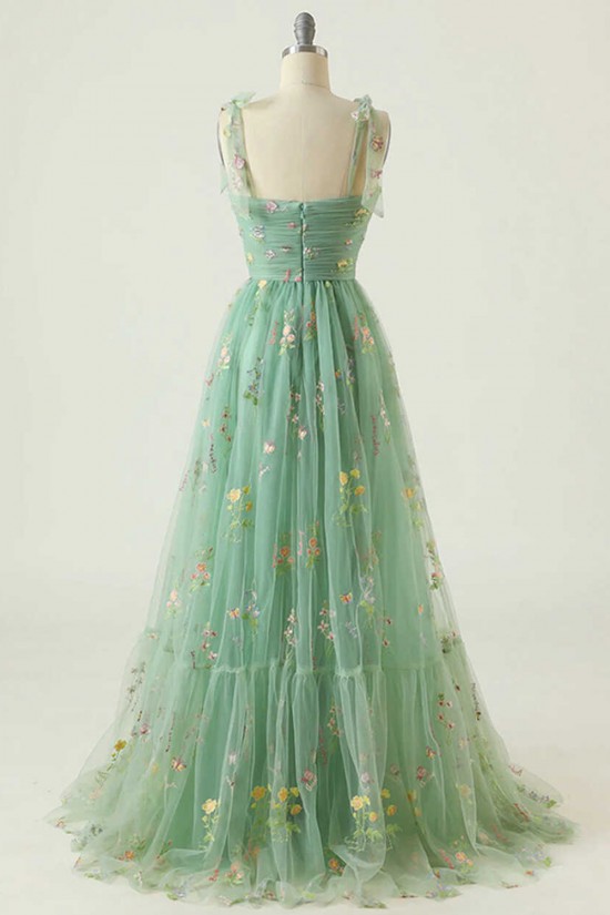 A-Line Spaghetti Straps Tulle Embroidery Floral Prom Dresses Formal Evening Party Dresses XP101026