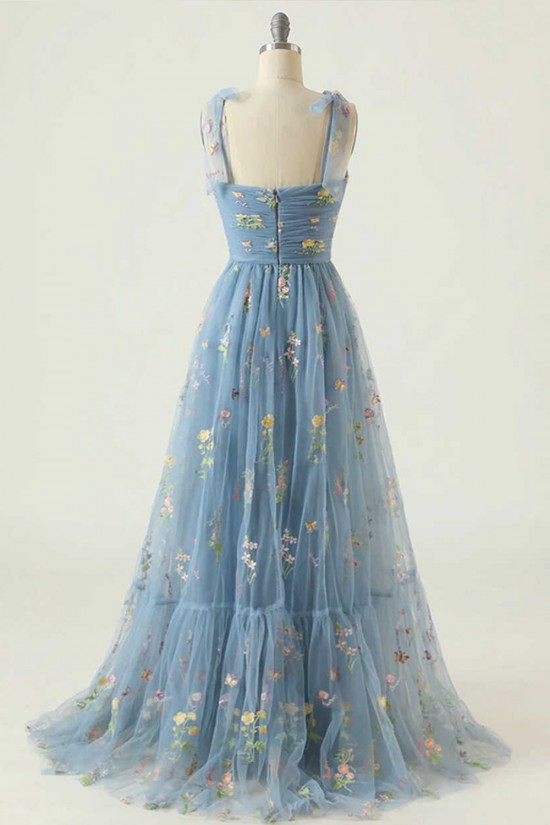 A-Line Spaghetti Straps Tulle Embroidery Floral Prom Dresses Formal Evening Party Dresses XP101026