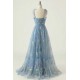 A-Line Spaghetti Straps Tulle Embroidery Floral Prom Dresses Formal Evening Party Dresses XP101026