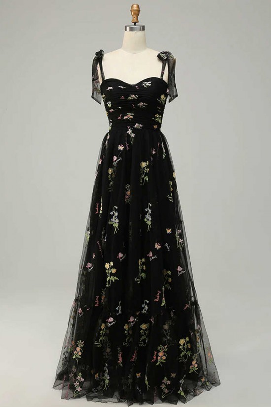 A-Line Spaghetti Straps Tulle Embroidery Floral Prom Dresses Formal Evening Party Dresses XP101026