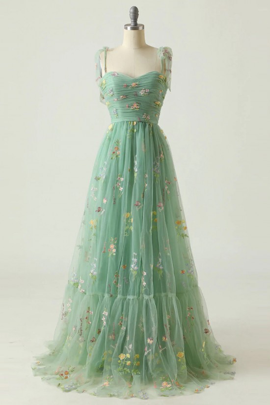 A-Line Spaghetti Straps Tulle Embroidery Floral Prom Dresses Formal Evening Party Dresses XP101026