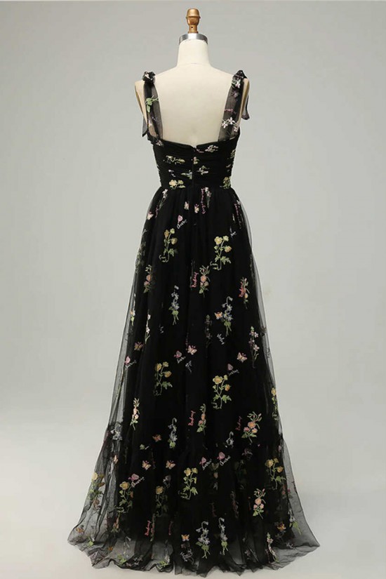 A-Line Spaghetti Straps Tulle Embroidery Floral Prom Dresses Formal Evening Party Dresses XP101026