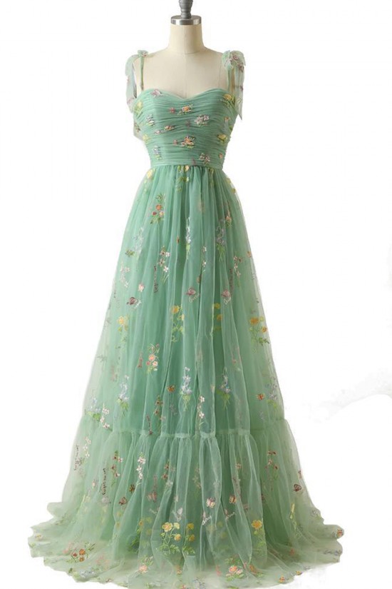 A-Line Spaghetti Straps Tulle Embroidery Floral Prom Dresses Formal Evening Party Dresses XP101026