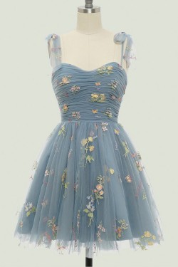 A-Line Spaghetti Straps Tulle Embroidery Floral Short Prom Dresses Homecoming Dresses XP101027