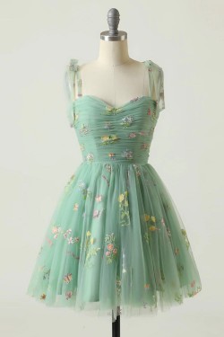 A-Line Spaghetti Straps Tulle Embroidery Floral Short Prom Dresses Homecoming Dresses XP101027