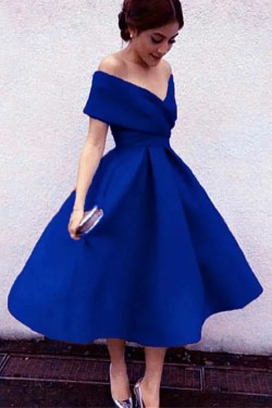 A-Line Tea Length Cocktail Dresses Prom Party Dresses Off the Shoulder Wedding Guest Homecoming Dresses XP101030