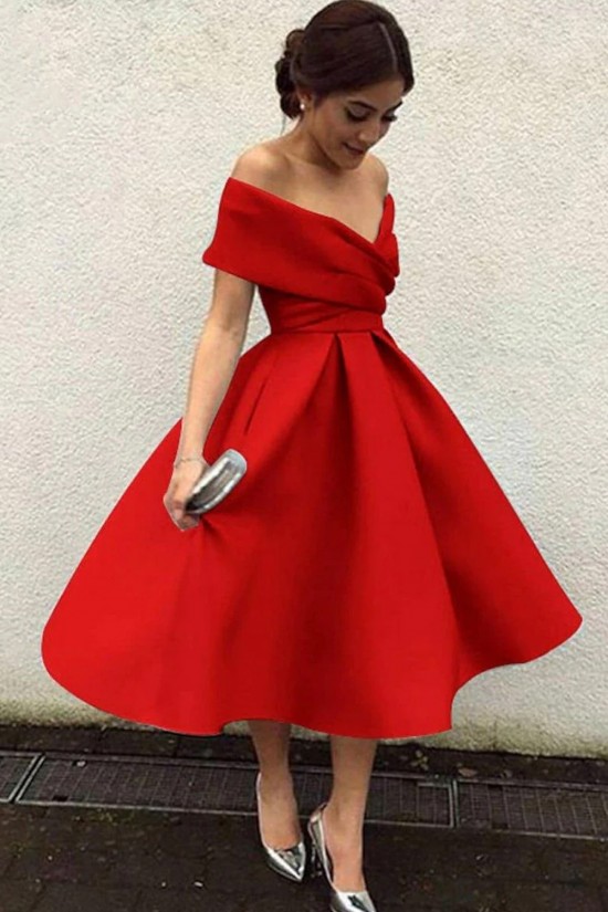 A-Line Tea Length Cocktail Dresses Prom Party Dresses Off the Shoulder Wedding Guest Homecoming Dresses XP101030