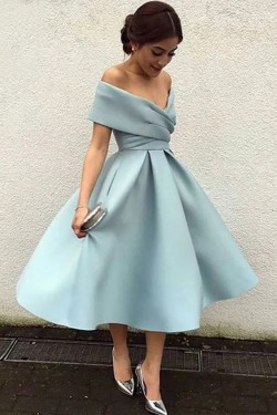 A-Line Tea Length Cocktail Dresses Prom Party Dresses Off the Shoulder Wedding Guest Homecoming Dresses XP101030