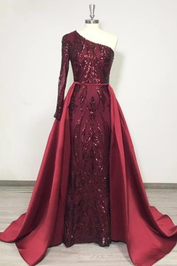 Elegant Mermaid Dark Green One Shoulder Sequined Satin Prom Dresses Formal Evening Party Dresses XP101031
