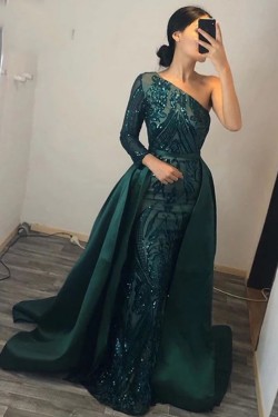 Elegant Mermaid Dark Green One Shoulder Sequined Satin Prom Dresses Formal Evening Party Dresses XP101031