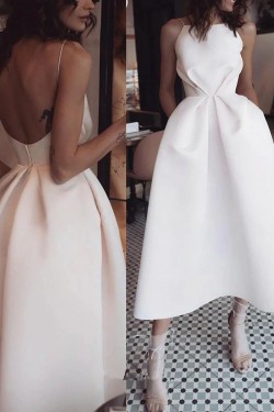 Elegant Tea Length Simple Spaghetti Straps Backless Prom Dresses Formal Evening Party Dresses XP101032