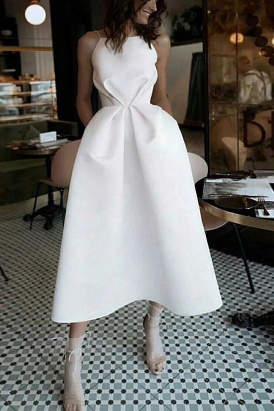Elegant Tea Length Simple Spaghetti Straps Backless Prom Dresses Formal Evening Party Dresses XP101032