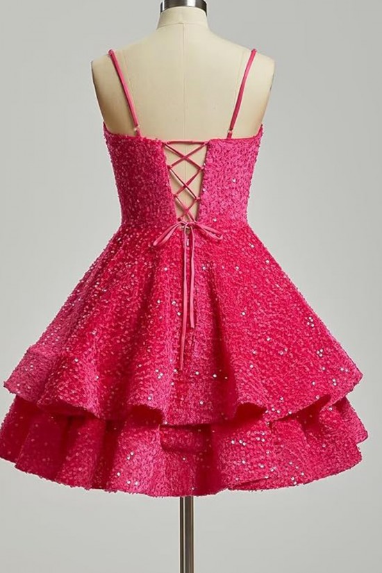 A-Line Short Sequins Homecoming Dresses Sparkly Tiered V Neck Spaghetti Straps Short Prom Dresses Cocktail Party Gowns XP101033