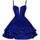 A-Line Short Sequins Homecoming Dresses Sparkly Tiered V Neck Spaghetti Straps Short Prom Dresses Cocktail Party Gowns XP101033