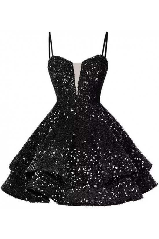 A-Line Short Sequins Homecoming Dresses Sparkly Tiered V Neck Spaghetti Straps Short Prom Dresses Cocktail Party Gowns XP101033