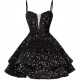 A-Line Short Sequins Homecoming Dresses Sparkly Tiered V Neck Spaghetti Straps Short Prom Dresses Cocktail Party Gowns XP101033