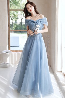 A-Line Off the Shoulder Long Blue Prom Dresses Formal Evening Party Dresses XP101034