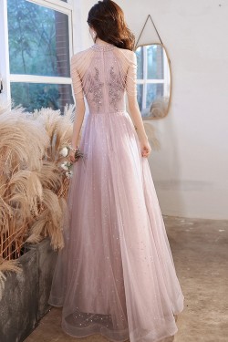 A-Line Long Pink Luxury Beaded Prom Dresses Formal Evening Party Dresses XP101035