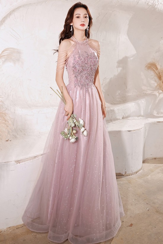 A-Line Long Pink Luxury Beaded Prom Dresses Formal Evening Party Dresses XP101035