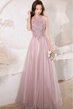 A-Line Long Pink Luxury Beaded Prom Dresses Formal Evening Party Dresses XP101035