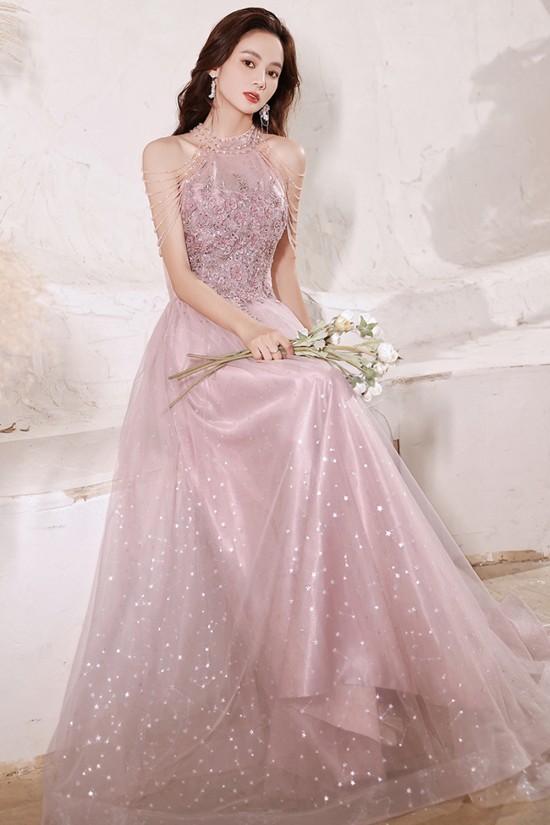A-Line Long Pink Luxury Beaded Prom Dresses Formal Evening Party Dresses XP101035