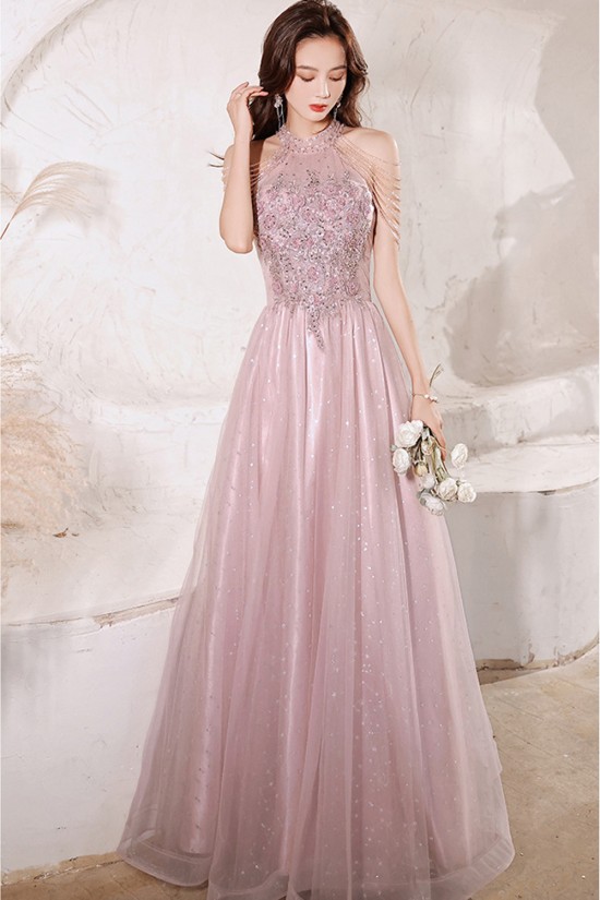 A-Line Long Pink Luxury Beaded Prom Dresses Formal Evening Party Dresses XP101035